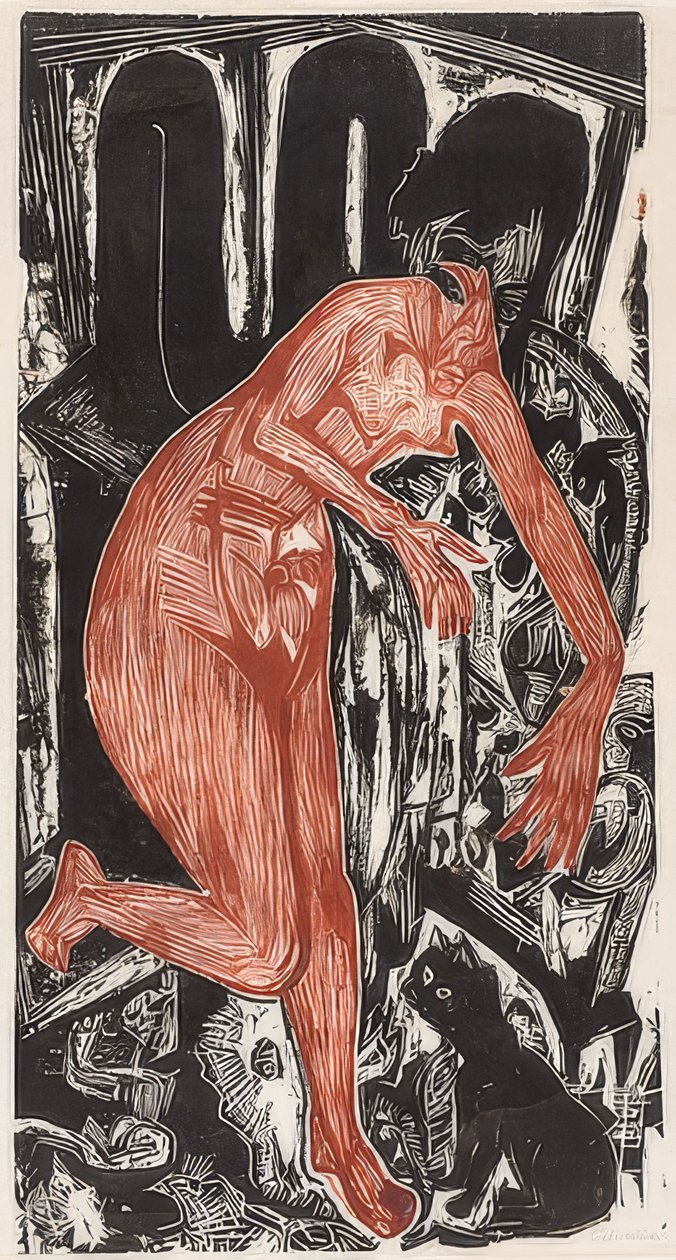 Kvinne bader ved komfyren. 1919 av Ernst Ludwig Kirchner