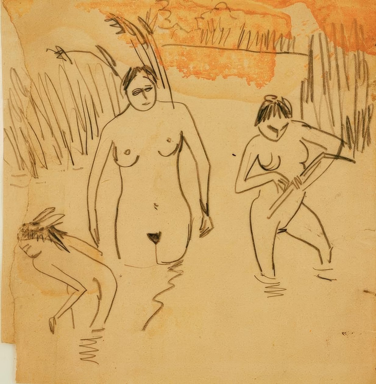 Badende ved Moritzburg-dammene (Fränzi til venstre) av Ernst Ludwig Kirchner