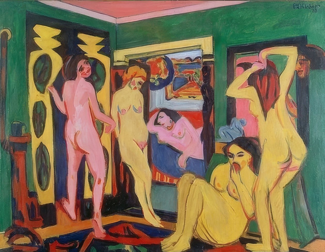 Badende på rommet. 1909/10 - revisjon etter 1925 av Ernst Ludwig Kirchner