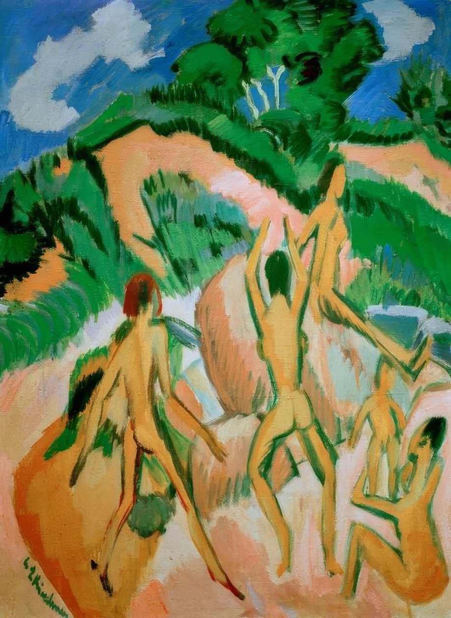 Badende mellom sanddynene (Fehmarn) av Ernst Ludwig Kirchner