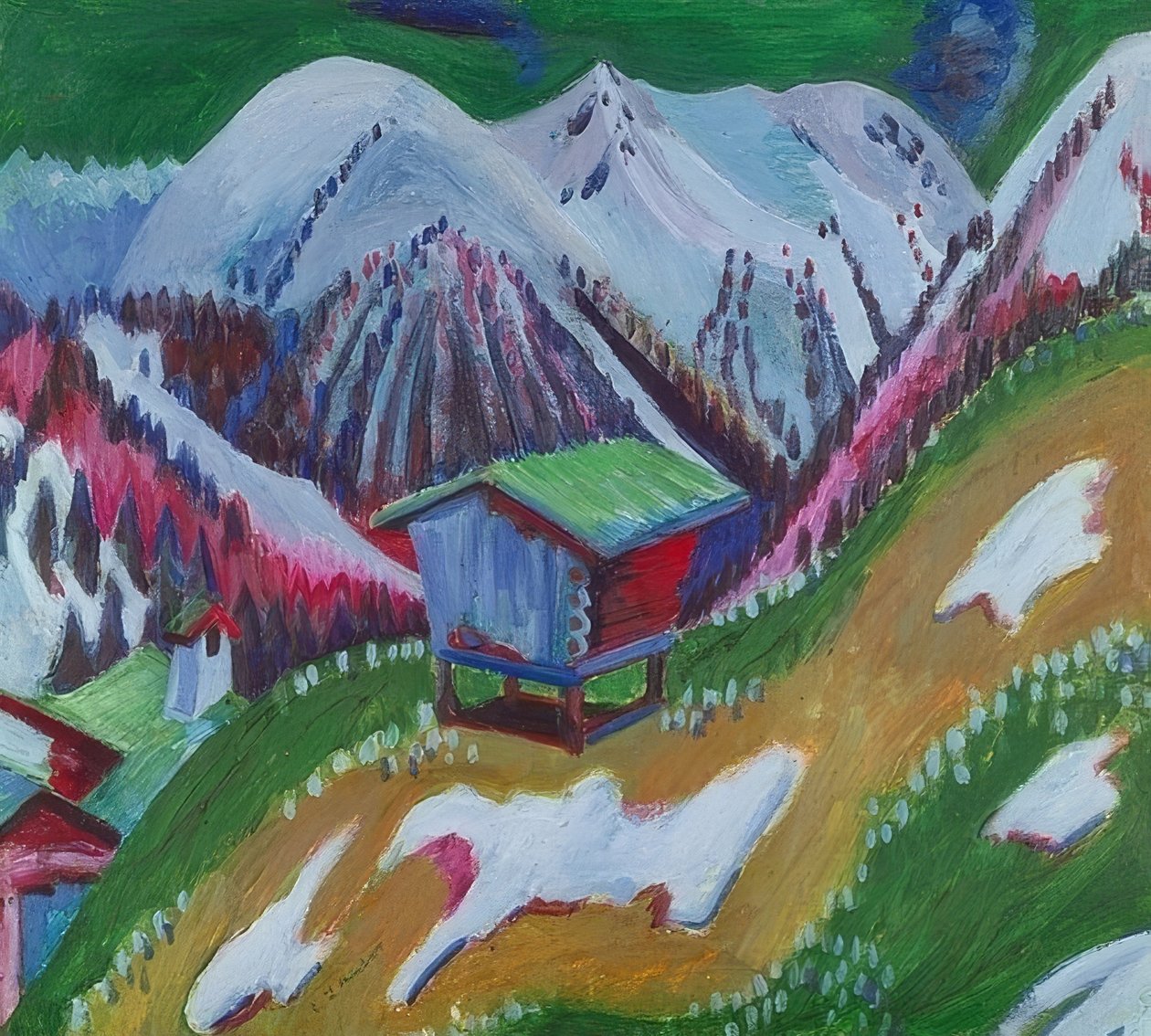 Fjelllandskap med alpinhytte. Rundt 1922 av Ernst Ludwig Kirchner