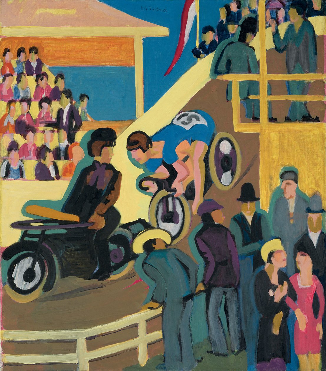 Sykkelløp med motorstafett; Sykkelløp med motoriserte titler, 1927-1928 av Ernst Ludwig Kirchner