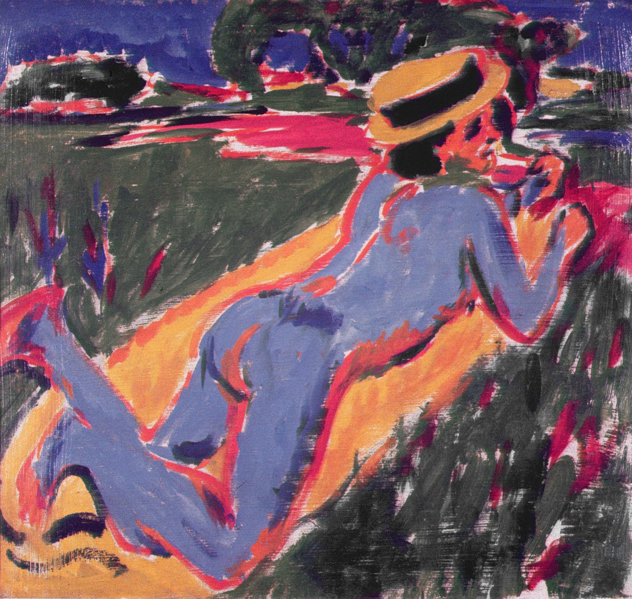 Blå liggende naken med stråhatt, 1908 av Ernst Ludwig Kirchner