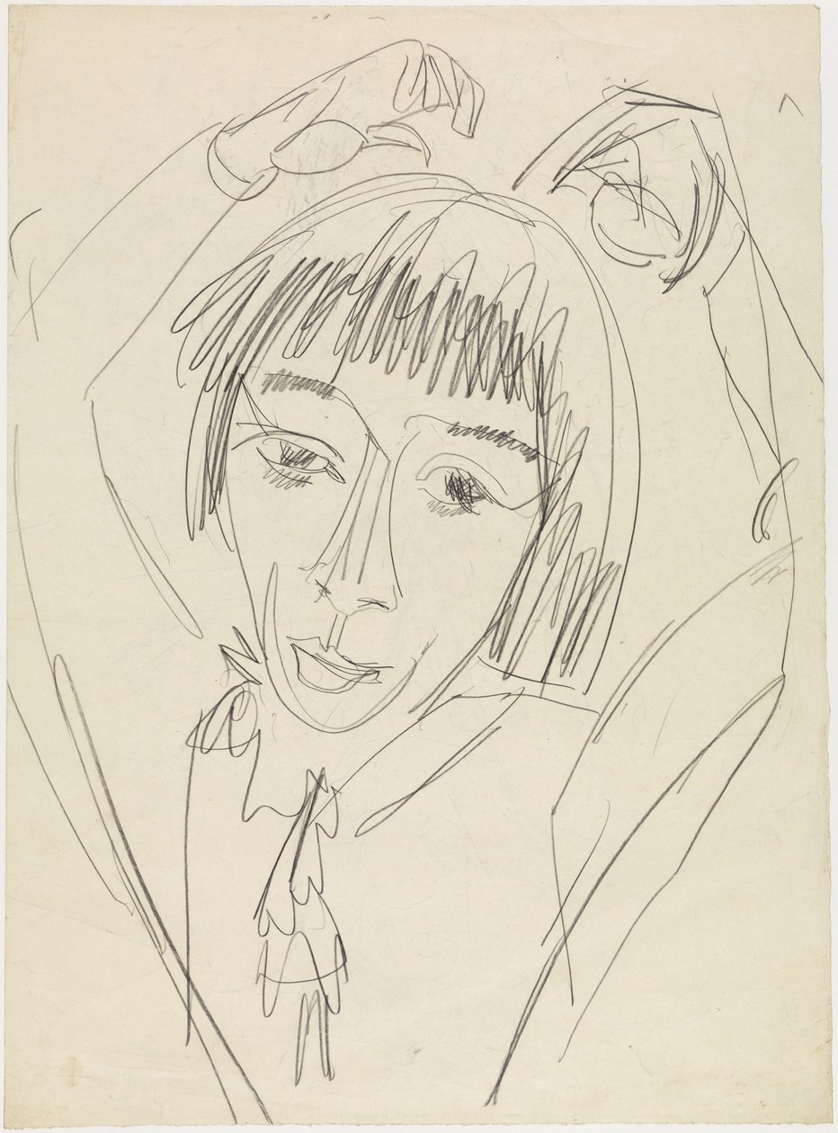 Brystbilde av Gerda med armene løftet av Ernst Ludwig Kirchner