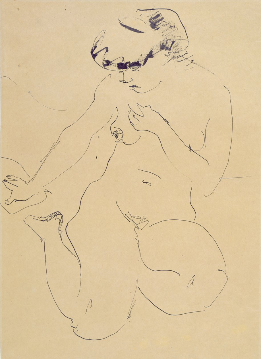 Crouching Naken (penn og pensel på papir) av Ernst Ludwig Kirchner