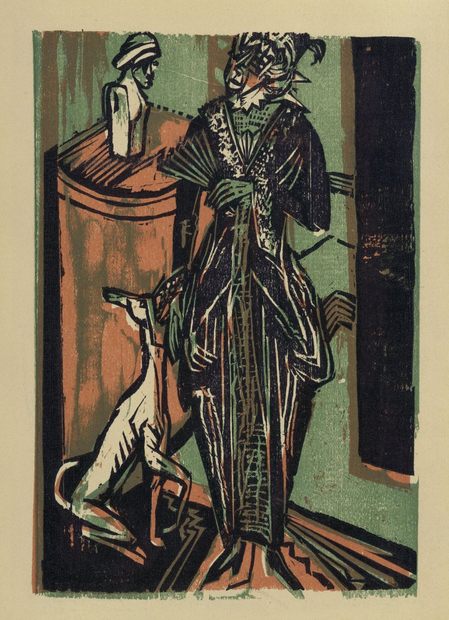 Dame med hund. Fra: Katalog over utstillingen av kjoler fra fru Euckens broderiverksted i Bremen av Ernst Ludwig Kirchner