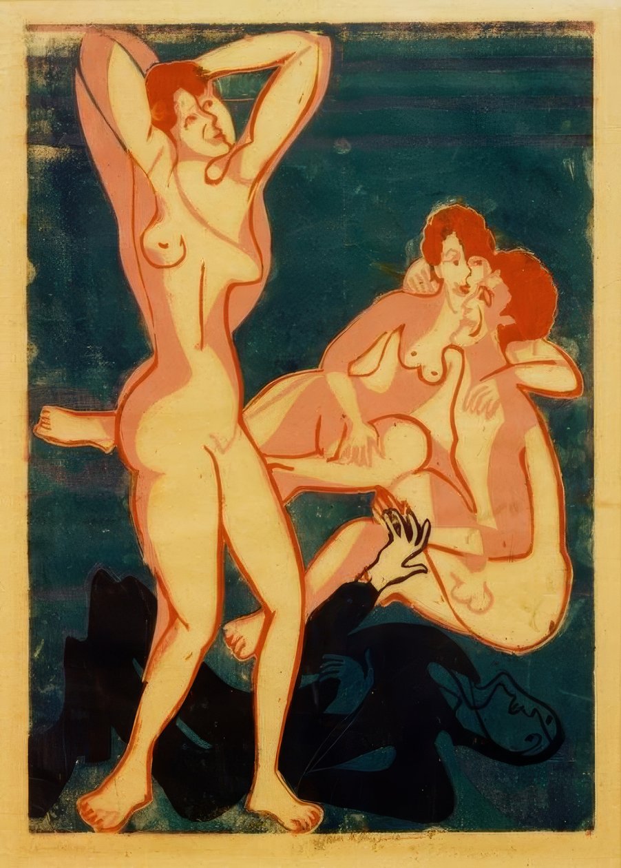 Tre nakenbilder og en liggende mann av Ernst Ludwig Kirchner