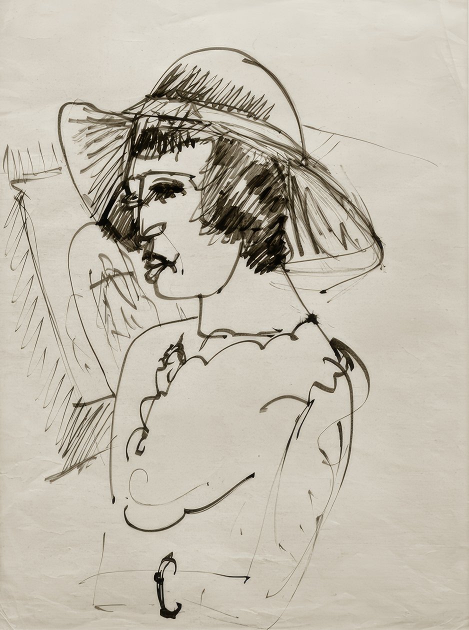 E.L. Kirchner, portrett av Erna med stor hatt av Ernst Ludwig Kirchner