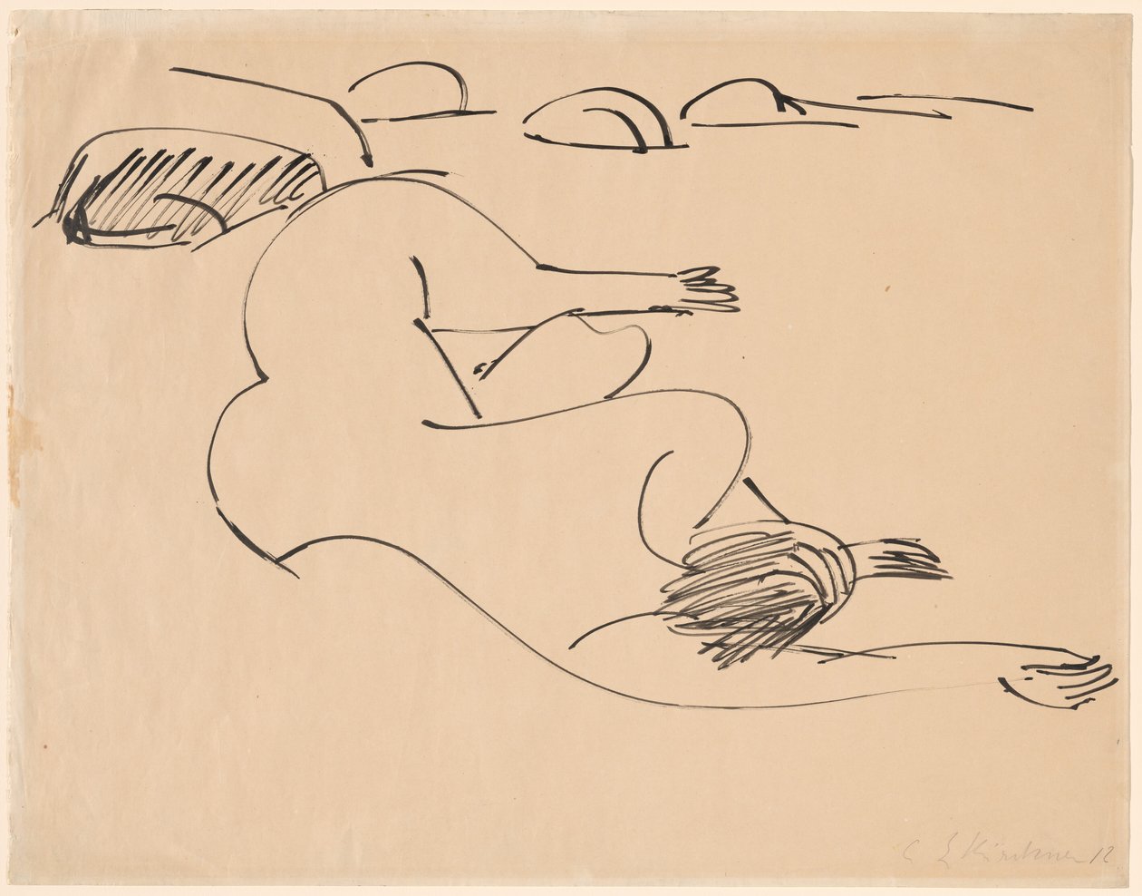 Erna Liggende på stranden blant steiner av Ernst Ludwig Kirchner