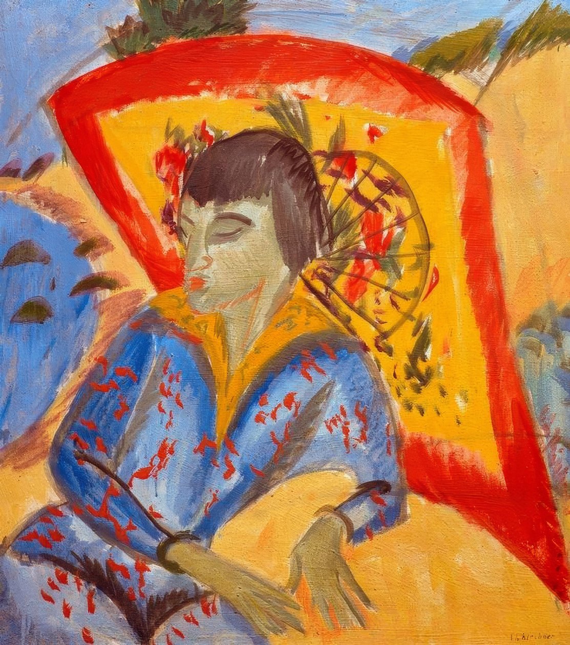 Erna med japansk paraply (japansk) av Ernst Ludwig Kirchner