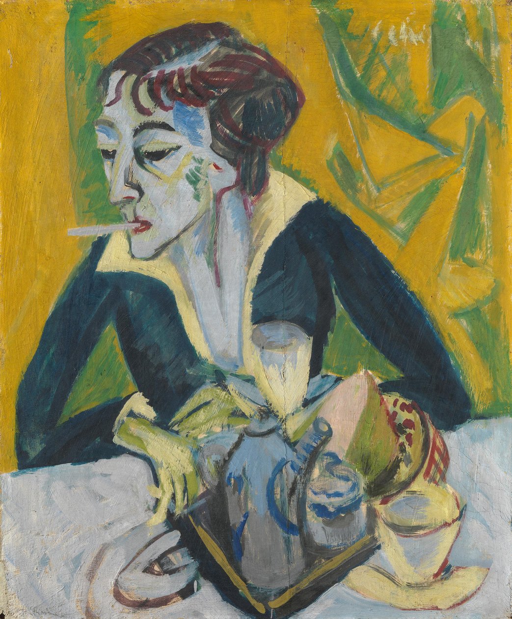 Erna med sigarett (Portrett av Erna i blått) av Ernst Ludwig Kirchner