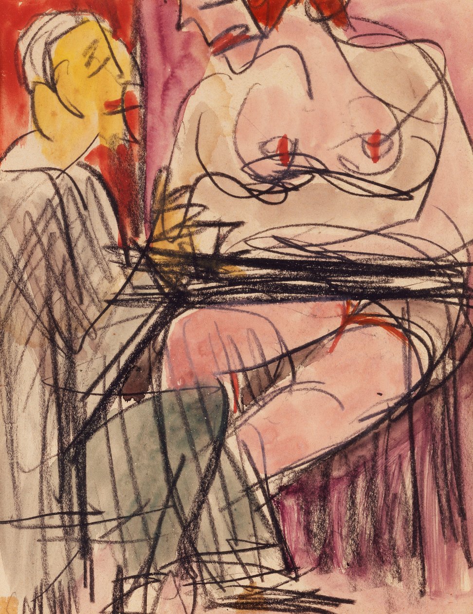 Naken kvinne og mann sitter ved et bord; Naken kvinne og mann som sitter ved et bord, av Ernst Ludwig Kirchner