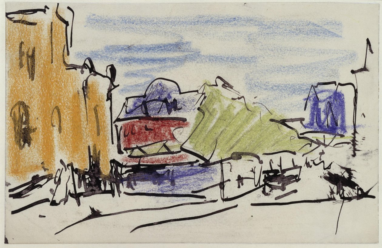 Elvelandskap med hus og gangbro av Ernst Ludwig Kirchner