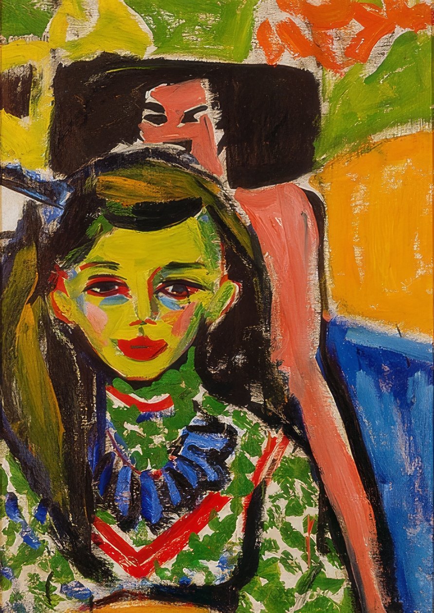 Fränzi foran en utskåret stol. 1910 av Ernst Ludwig Kirchner