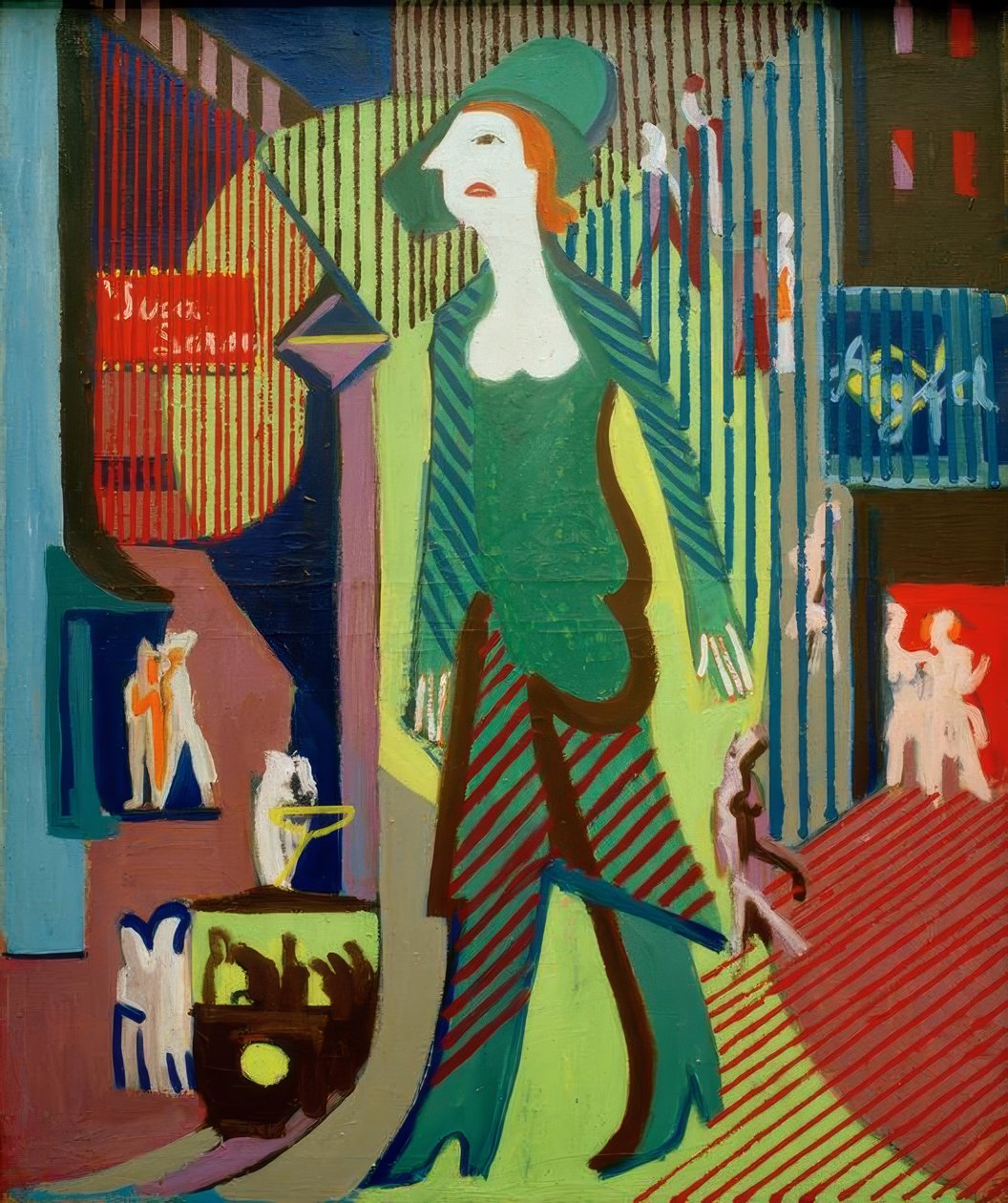 Kvinne går nedover gaten om natten; Nattkvinne av Ernst Ludwig Kirchner