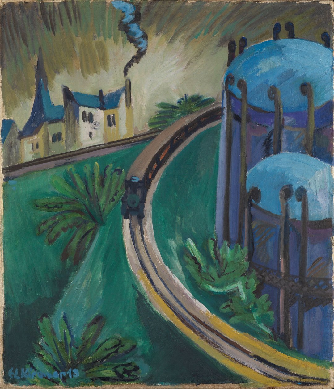 Gassbeholder og forstadsjernbane av Ernst Ludwig Kirchner