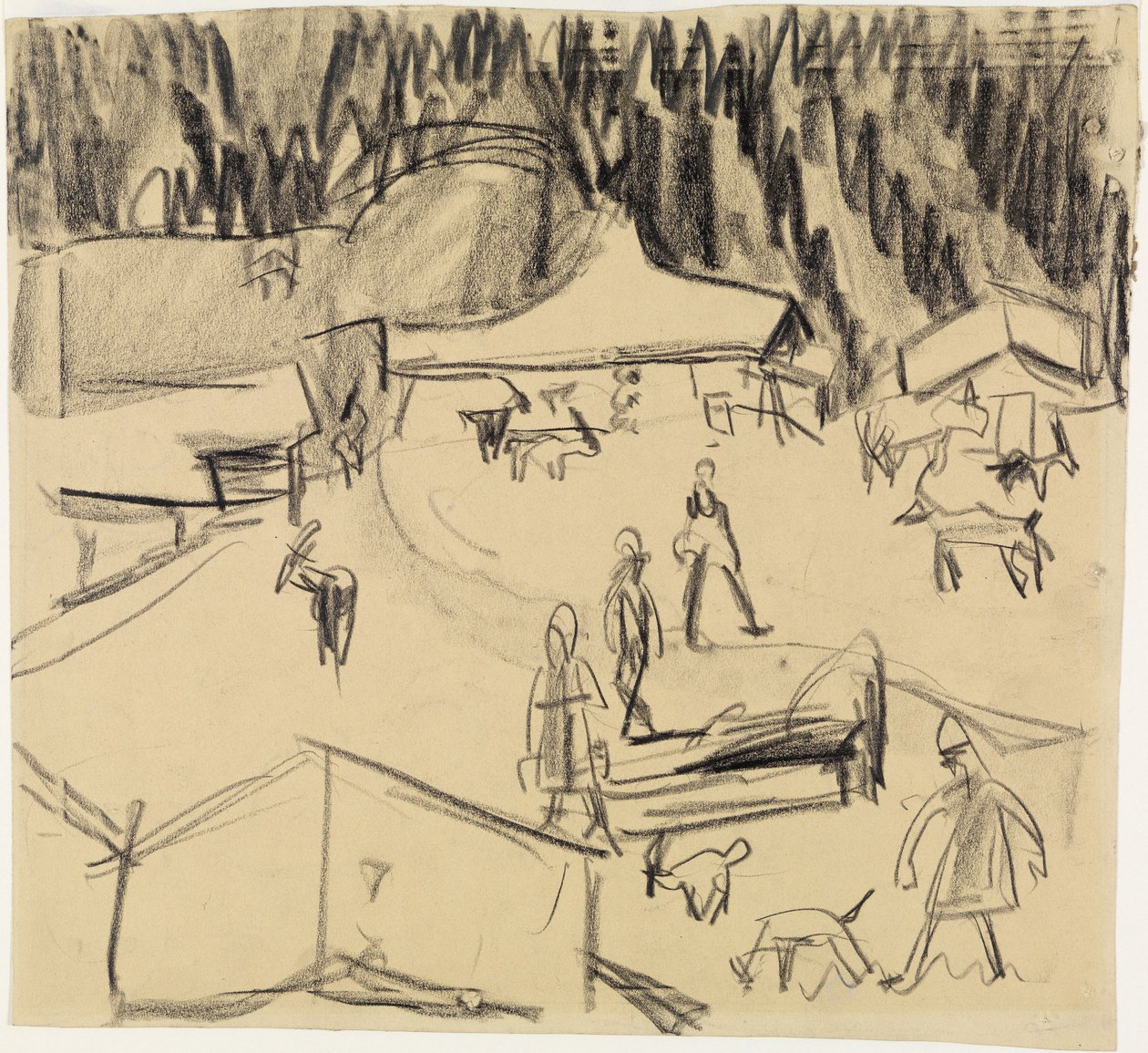Fjellandsby (Staffelalp) med gjeter og geiter av Ernst Ludwig Kirchner
