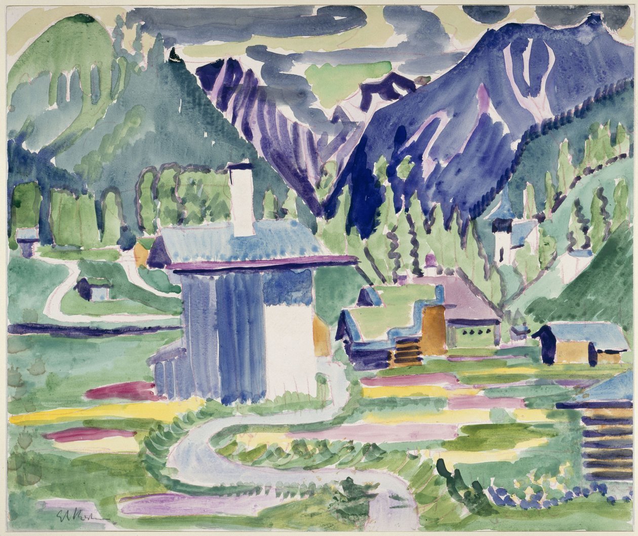Hus i Islen, med utsikt mot kirken i Frauenkirch av Ernst Ludwig Kirchner