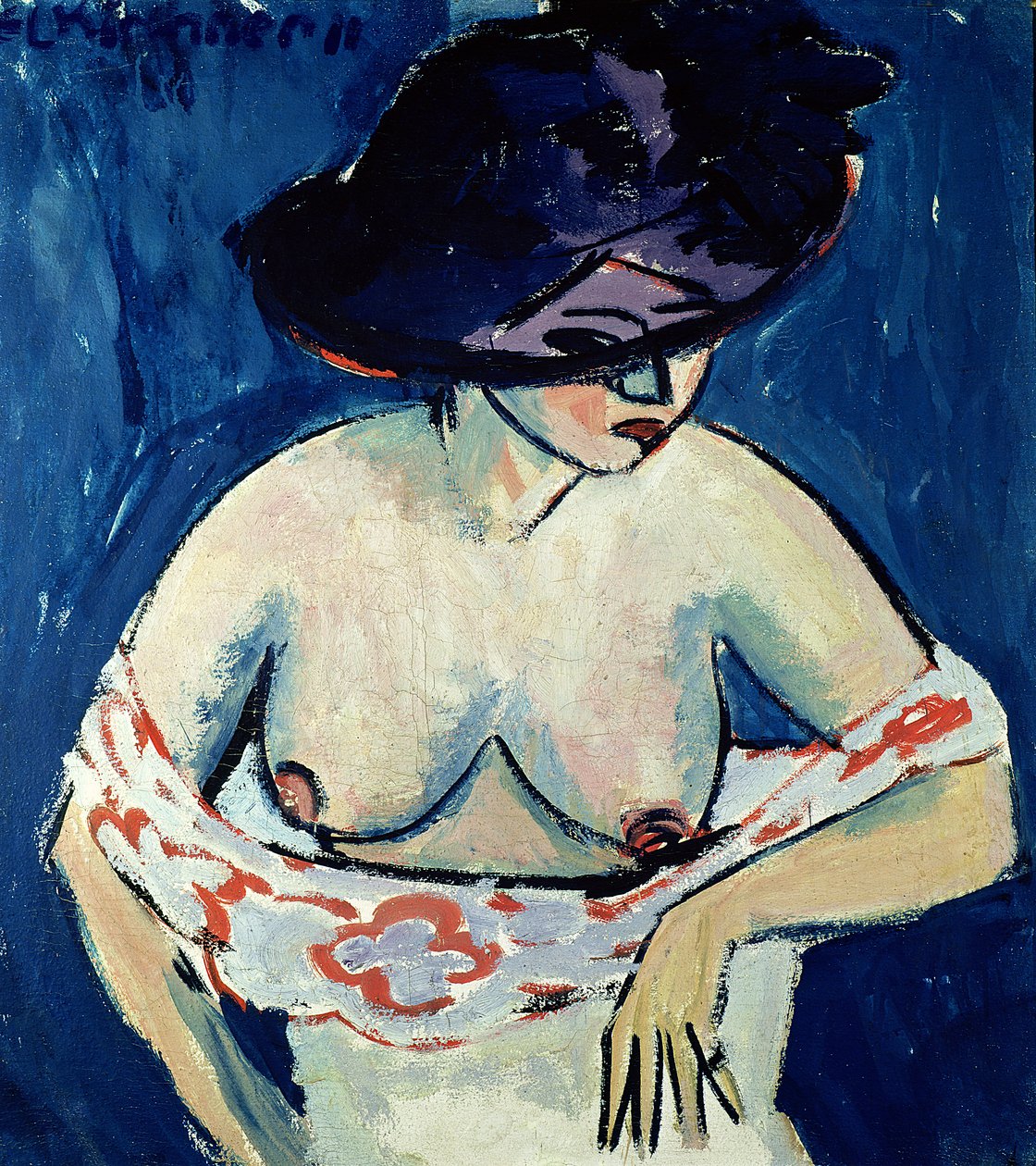 Halvnaken kvinne med hatt, 1911 av Ernst Ludwig Kirchner