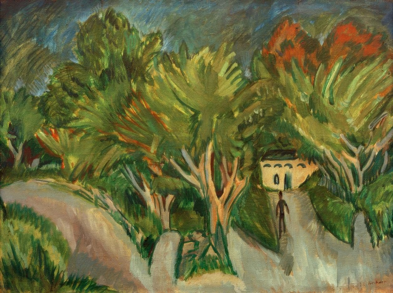 Hus under trær (Fehmarn) av Ernst Ludwig Kirchner