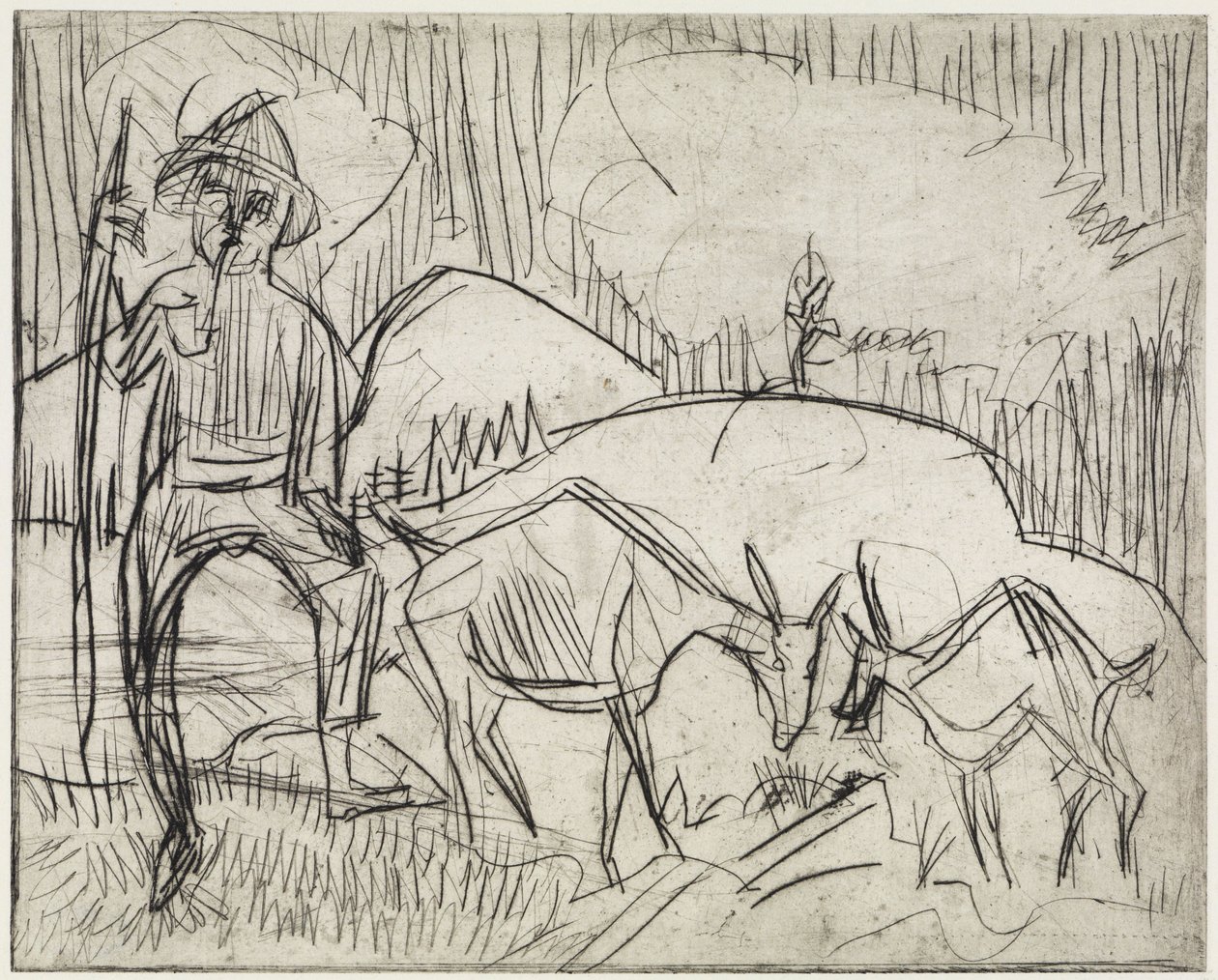 Gjeter med geiter/Fjellside med mennesker og geiter av Ernst Ludwig Kirchner