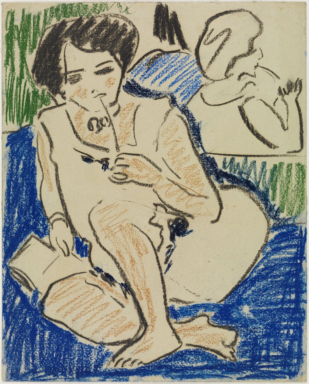 Huksittende kvinne med bok av Ernst Ludwig Kirchner