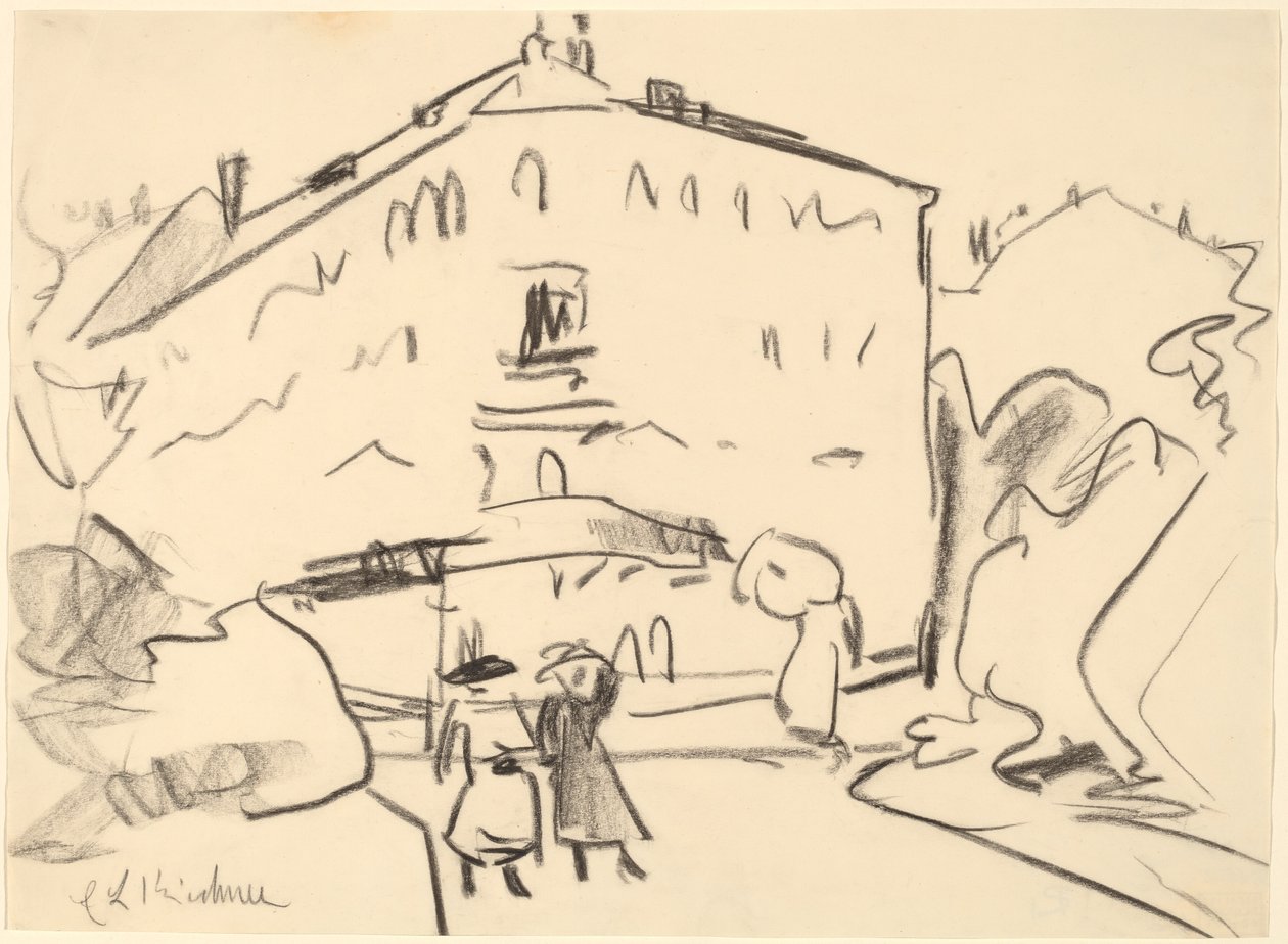 Hus i Dresden med folk som rusler av Ernst Ludwig Kirchner
