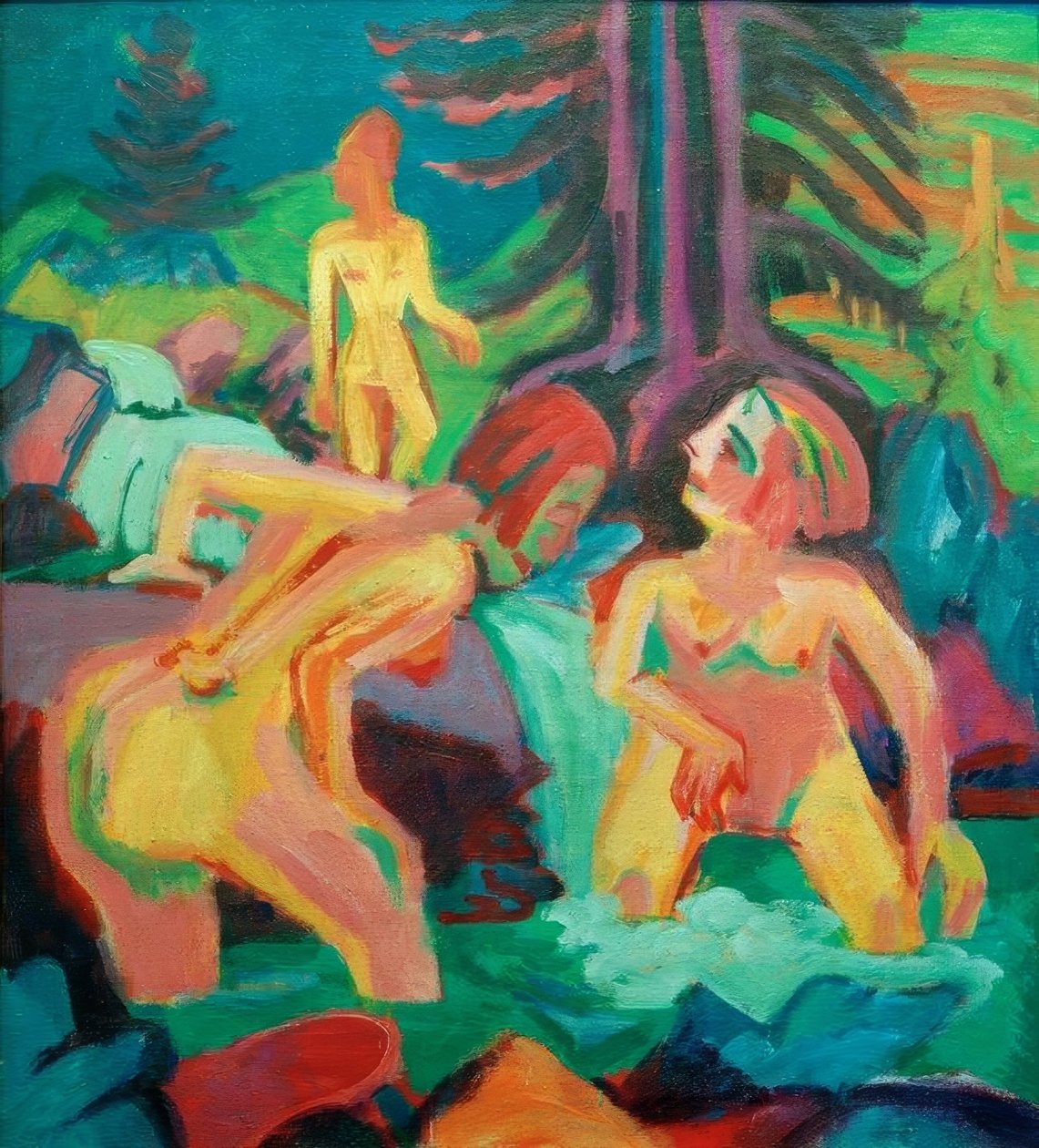Nakne kvinner som bader i fjellbekken av Ernst Ludwig Kirchner