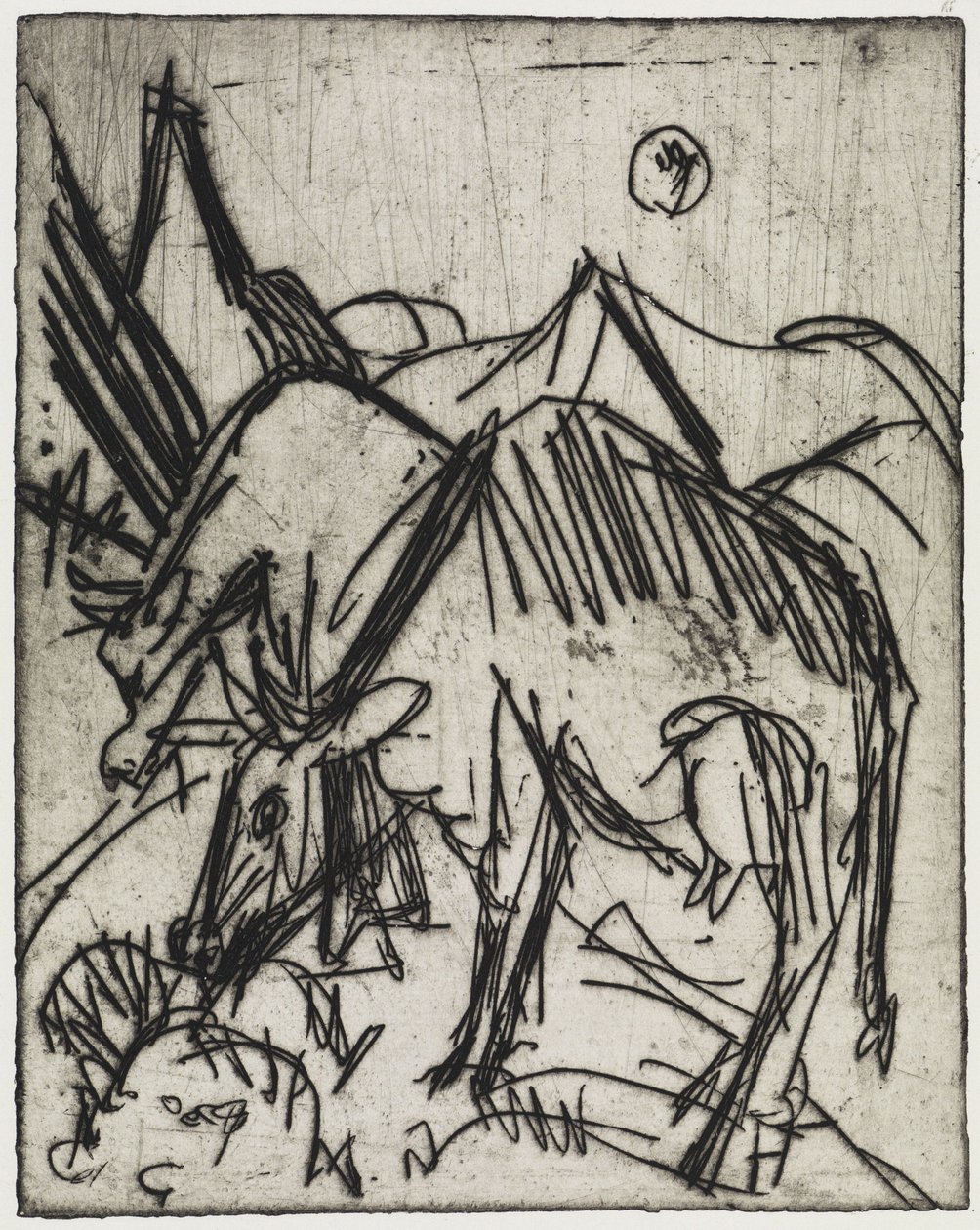 Kyr som beiter i måneskinnet / To gutter som leker med en katt av Ernst Ludwig Kirchner