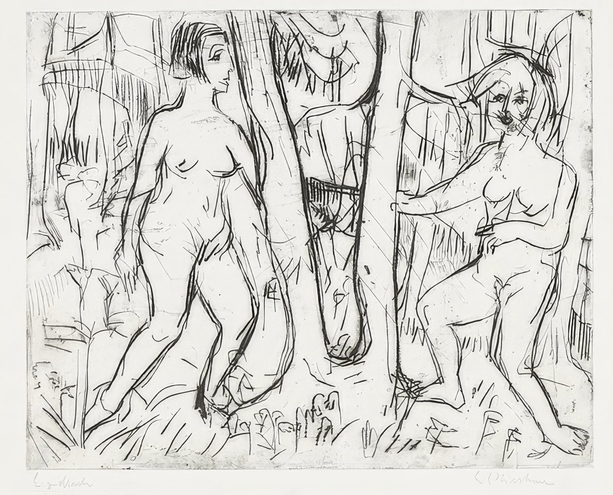 Jenter leker i skogen. 1923 av Ernst Ludwig Kirchner