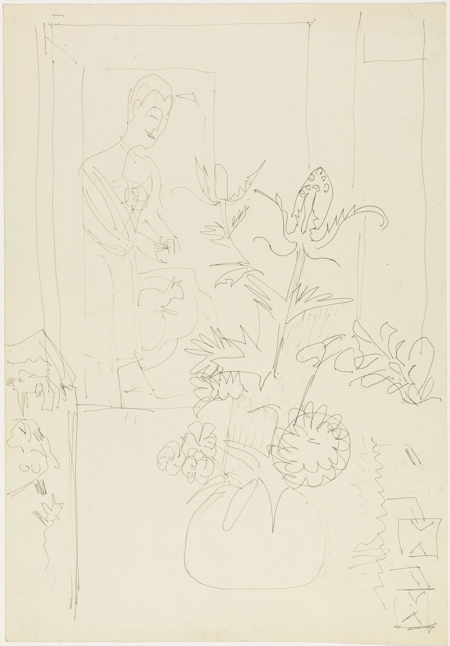 Interiør med blomstervase, kvinne og katt av Ernst Ludwig Kirchner