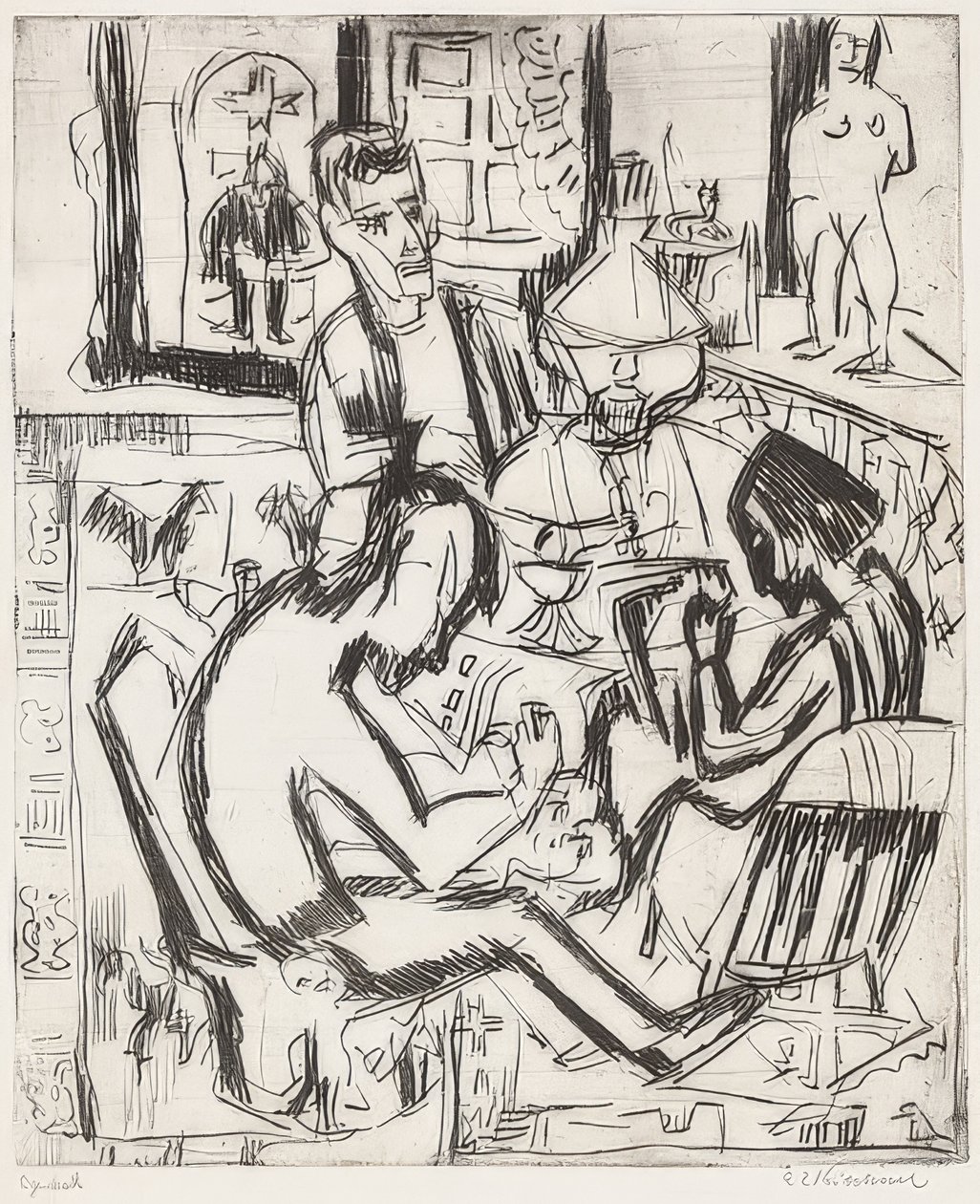 Interiør med mennesker. 1923 av Ernst Ludwig Kirchner