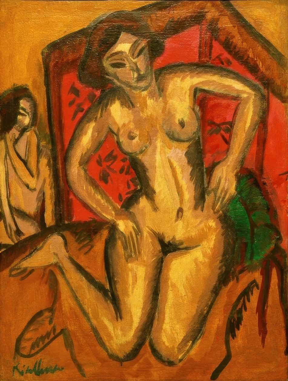 Knelende naken jente foran en rød skjerm av Ernst Ludwig Kirchner