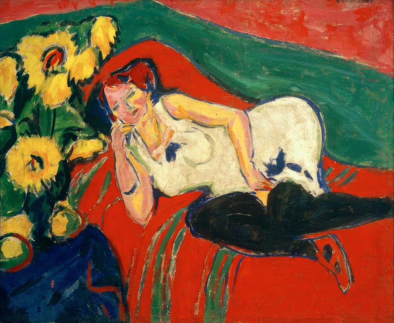 Liggende kvinne i hvit skjorte av Ernst Ludwig Kirchner
