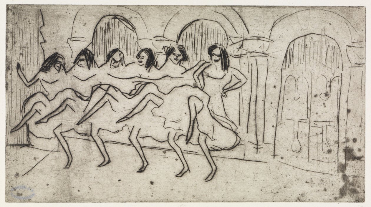 Lotte liggende på puter/Seks danserinner foran en bueutsmykning - Engelsk ensemble av Ernst Ludwig Kirchner