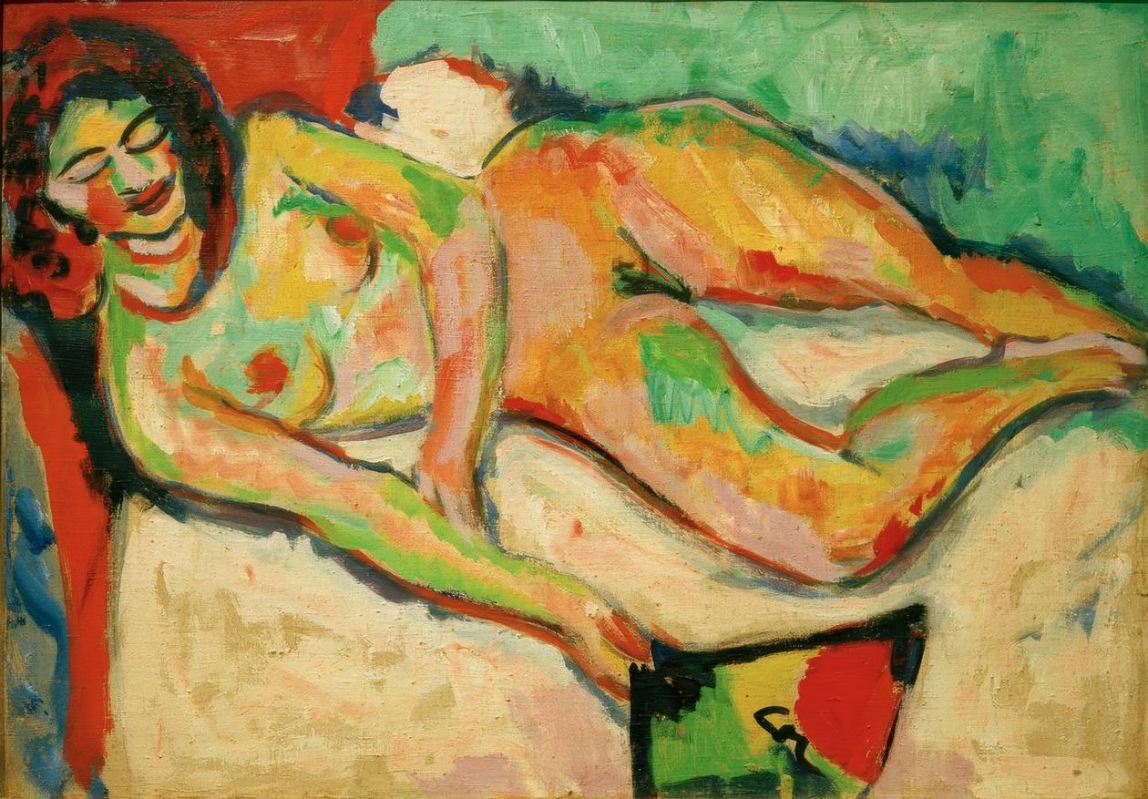 Ligger naken med en vifte av Ernst Ludwig Kirchner