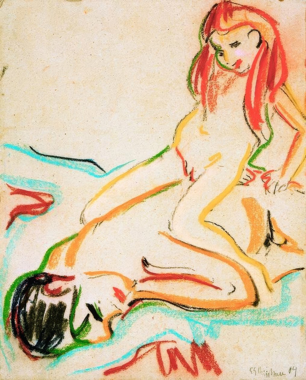 Liggende naken mann med barn på ryggen av Ernst Ludwig Kirchner