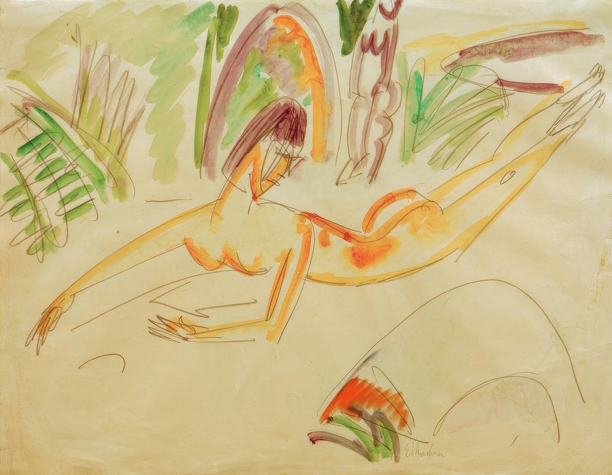 Tilbakelent kvinnelig naken på Fehmarn-stranden av Ernst Ludwig Kirchner