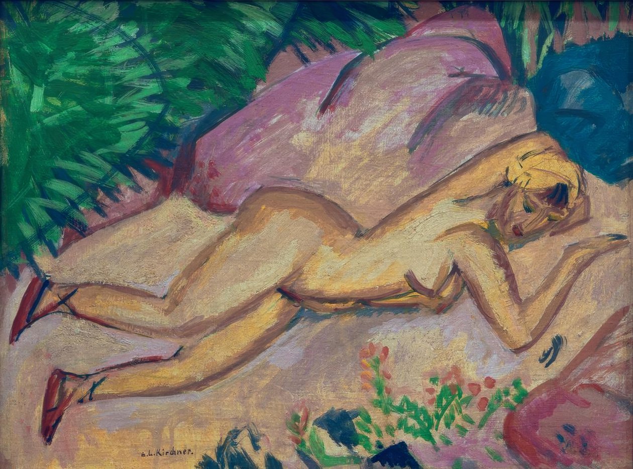 Jente som ligger på stranden av Ernst Ludwig Kirchner