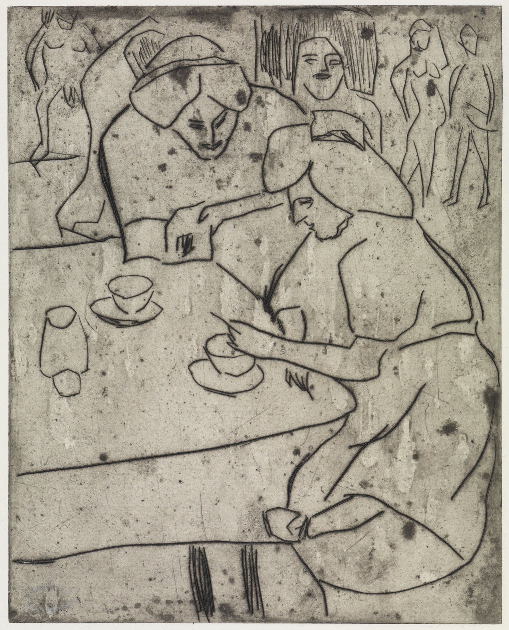 Jenter som gnir magen til en annen jente/Jenter ved kaffebordet av Ernst Ludwig Kirchner