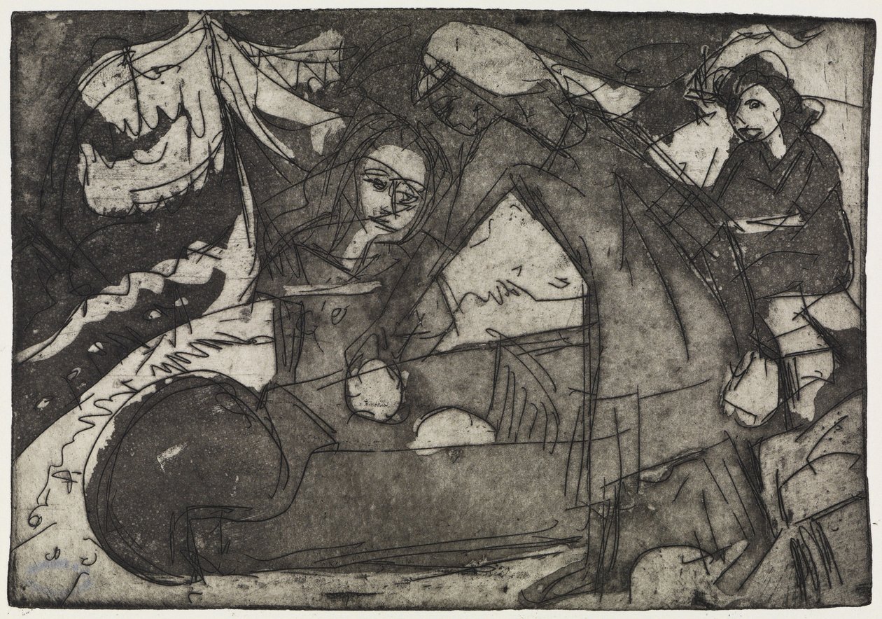 Jente med to barn/Barn med trillebår av Ernst Ludwig Kirchner