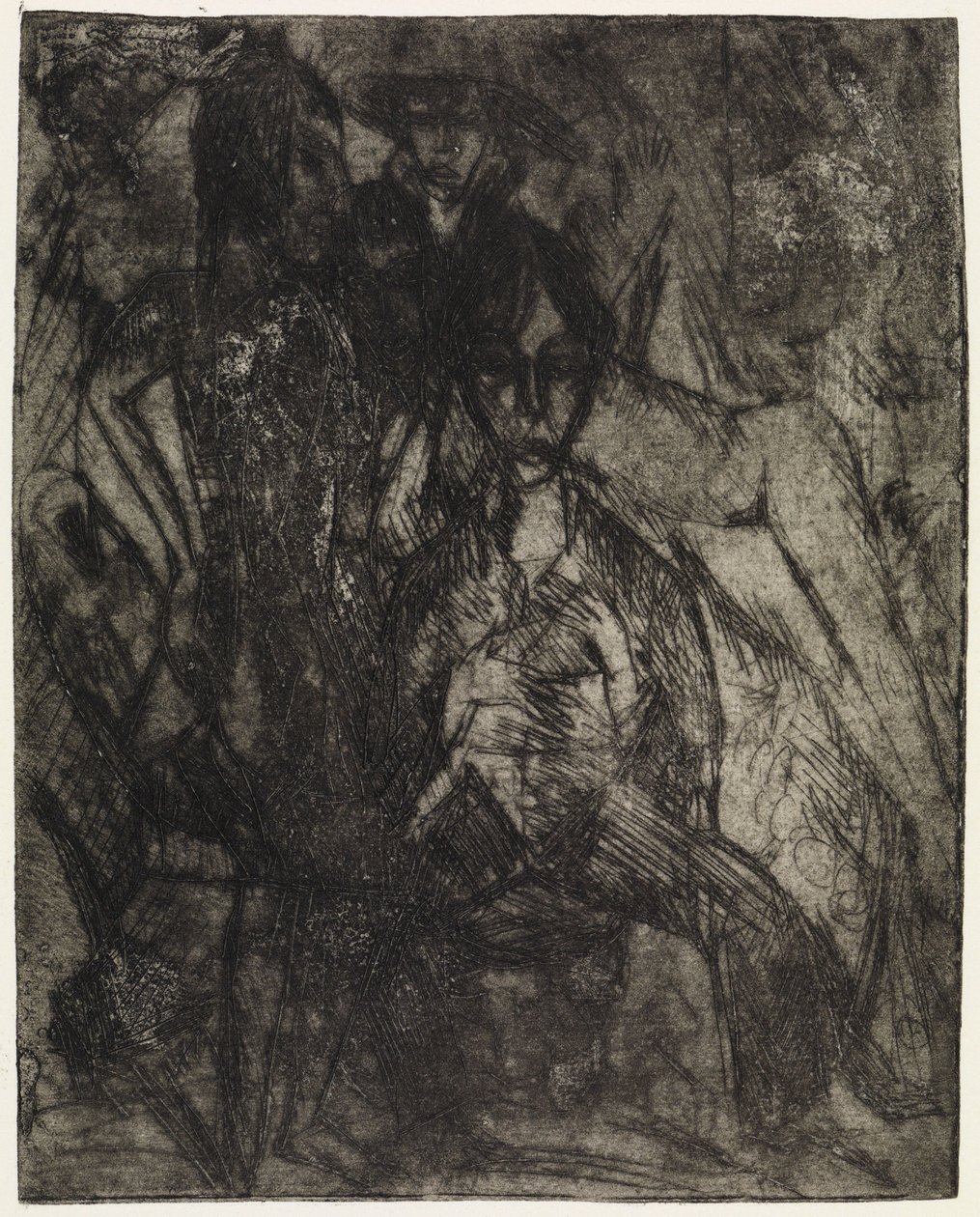 Maleren og to kvinner - Selvportrett med Erna og Gerda/Mannen mellom kvinnene av Ernst Ludwig Kirchner