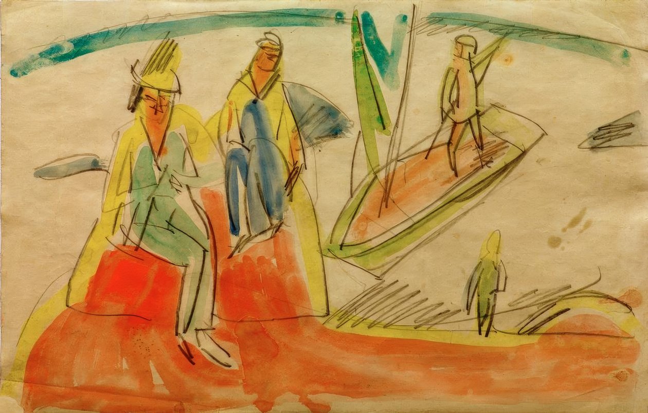 Folk og båt på stranden av Ernst Ludwig Kirchner