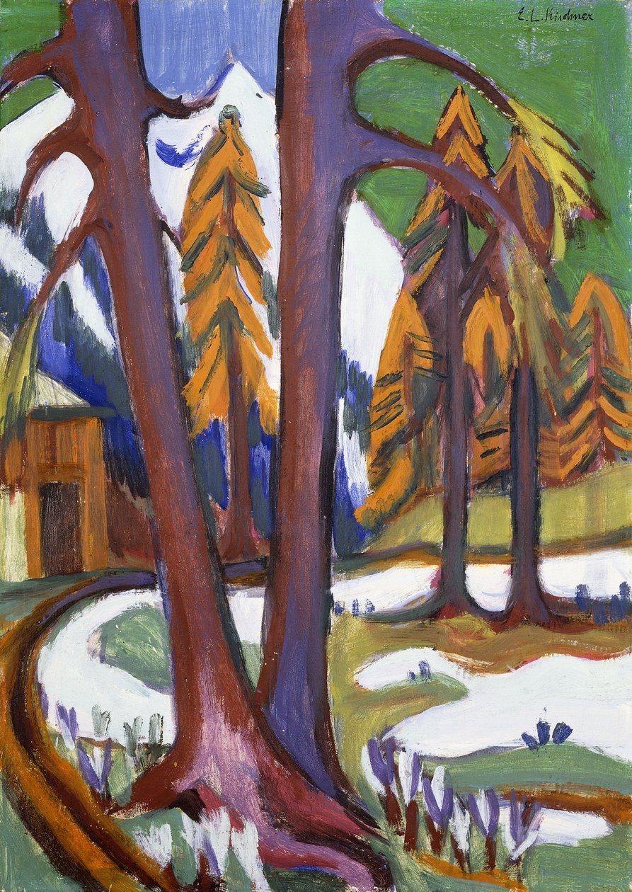 Fjell-tidlig vår med lerken; Berg-Vorfruhling mit Larchen, c.1921-1923 av Ernst Ludwig Kirchner
