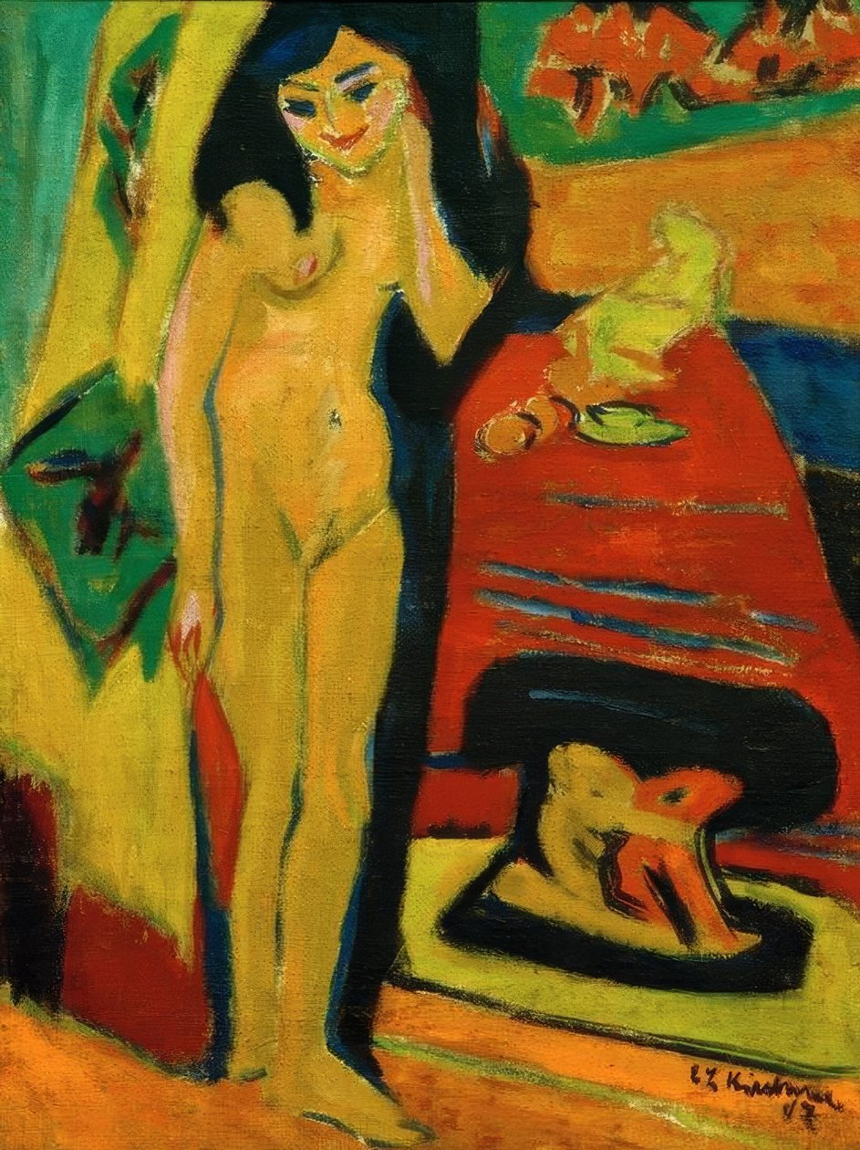 Naken jente bak gardinen (Fränzi) av Ernst Ludwig Kirchner