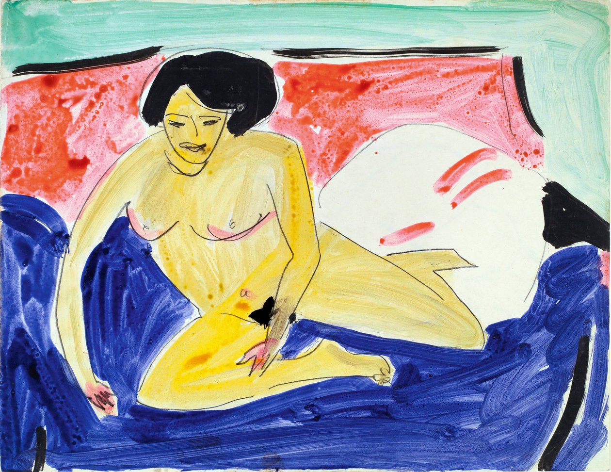 Naken sittende på en divan (Sittende naken på Divan). Verk av Ernst Ludwig Kirchner (1880-1938), akvarell og blekk på papir av Ernst Ludwig Kirchner
