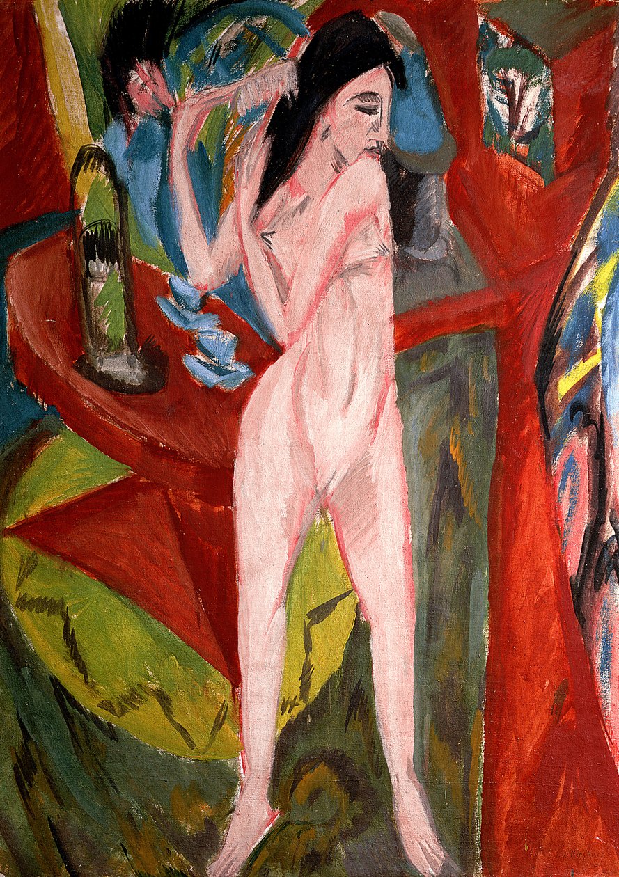 Naken kvinne gre håret av Ernst Ludwig Kirchner