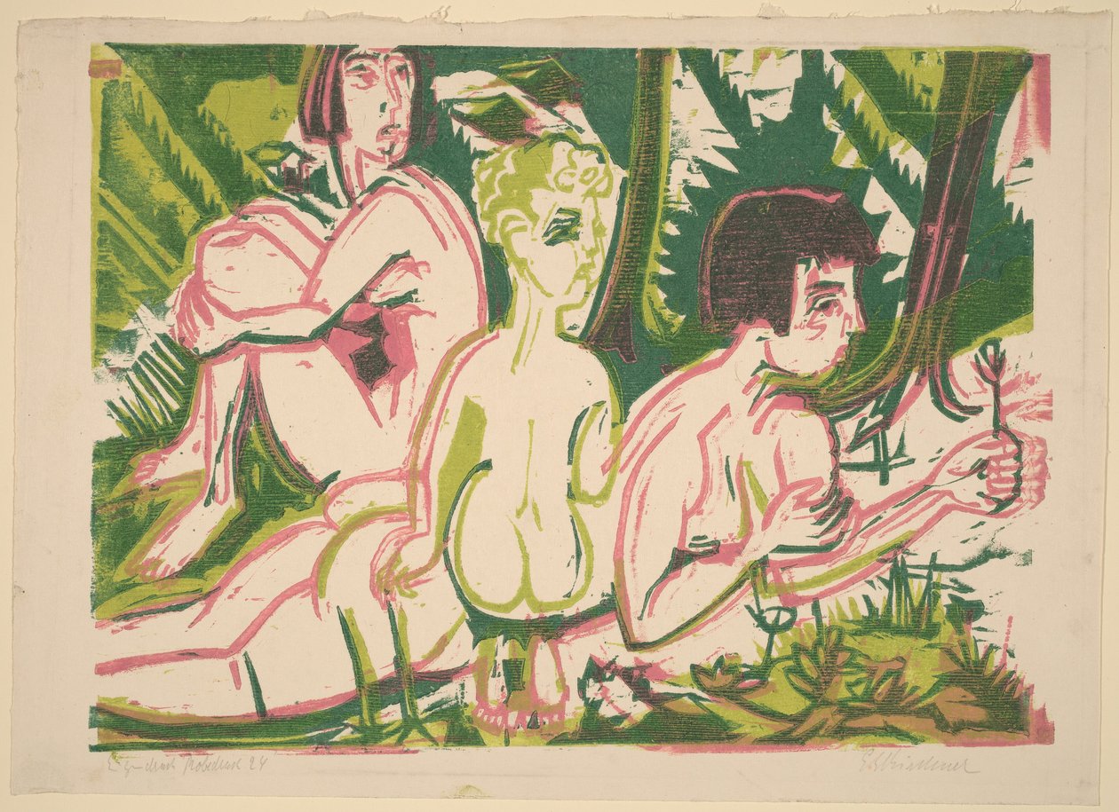 Nackte Frauen mit einem Kind im Wald av Ernst Ludwig Kirchner