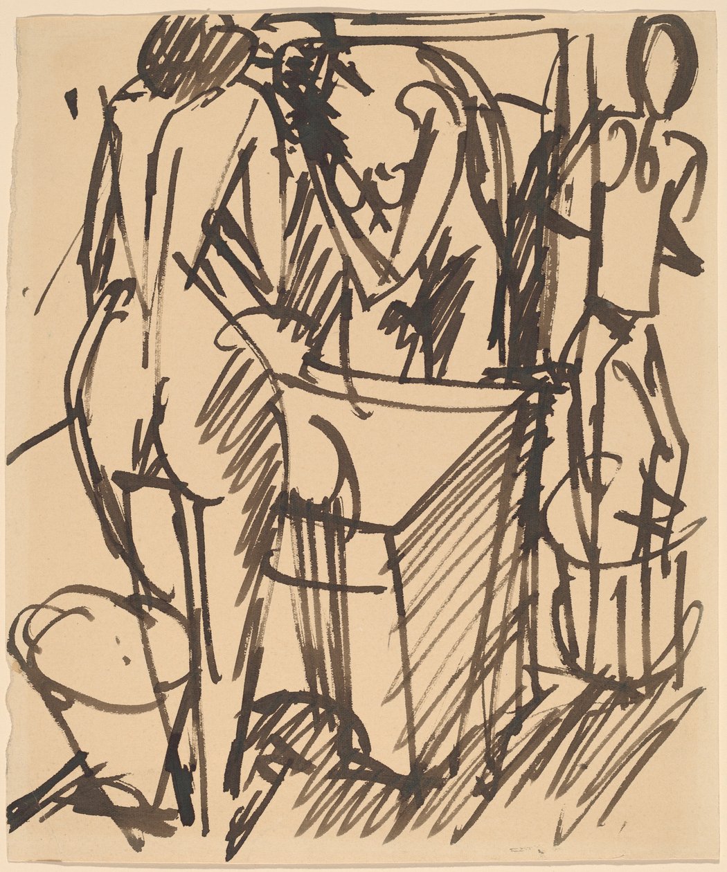 Naken med et speil, stående foran et vaskebord av Ernst Ludwig Kirchner