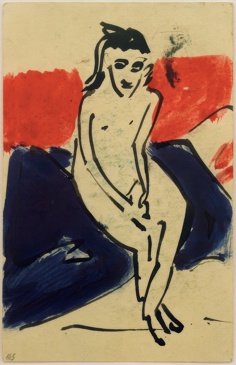 Postkort til Erich Heckel fra 30. juni 1910 (Sittende naken Marzella) av Ernst Ludwig Kirchner
